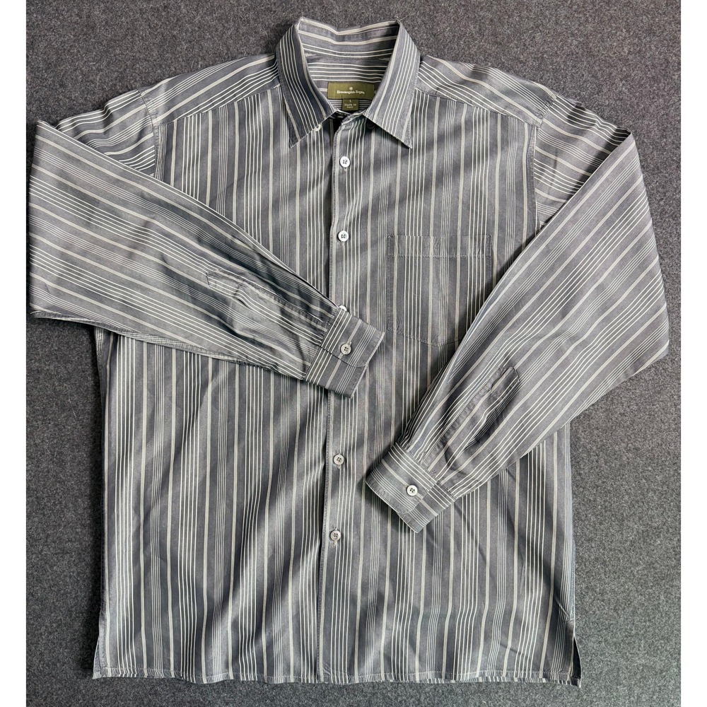 Ermenegildo Zegna Silk Blend Striped Shirt Mens Large Gray Pearl Button Up Italy